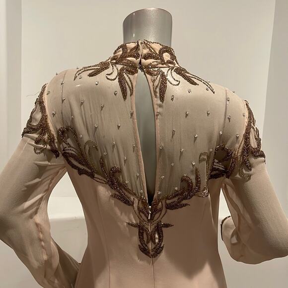 Bella Diosa Collection Vintage 90'S Maxi Dress Beige Beaded Sheer Accent Size 12 - Picture 7 of 16